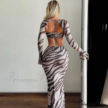 Zebra Print Y2K Skirt Two Piece Set Long Sleeve Backless Crop Top and Skirt Suit Maxi Dress